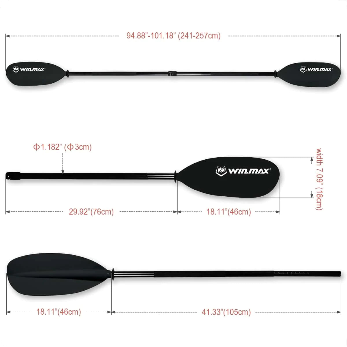 WIN.MAX Adults Adjustable Black Fishing Kayak Paddle
