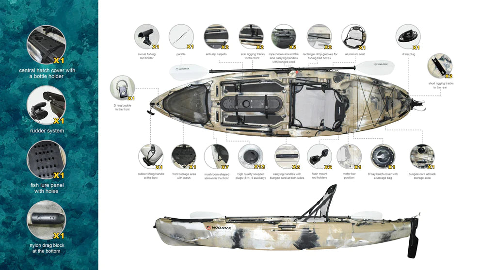 WIN.MAX Candlelight Fish River Fishing Kayak with 1 Combi Paddle