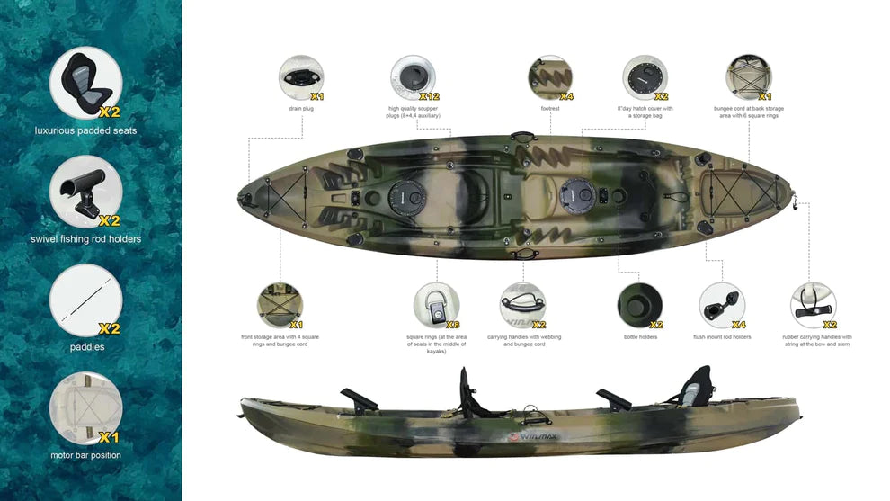 WIN.MAX Whale Family Big Two Seater Fishing Kayak with 2 Combi Paddles