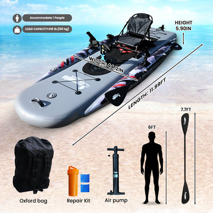WIN.MAX Inflatable Fishing Kayak — 418 lb Capacity, Camouflage Single-Person Kayak with Adjustable Seat, Dual Rod Holders, Paddle & Complete Accessories