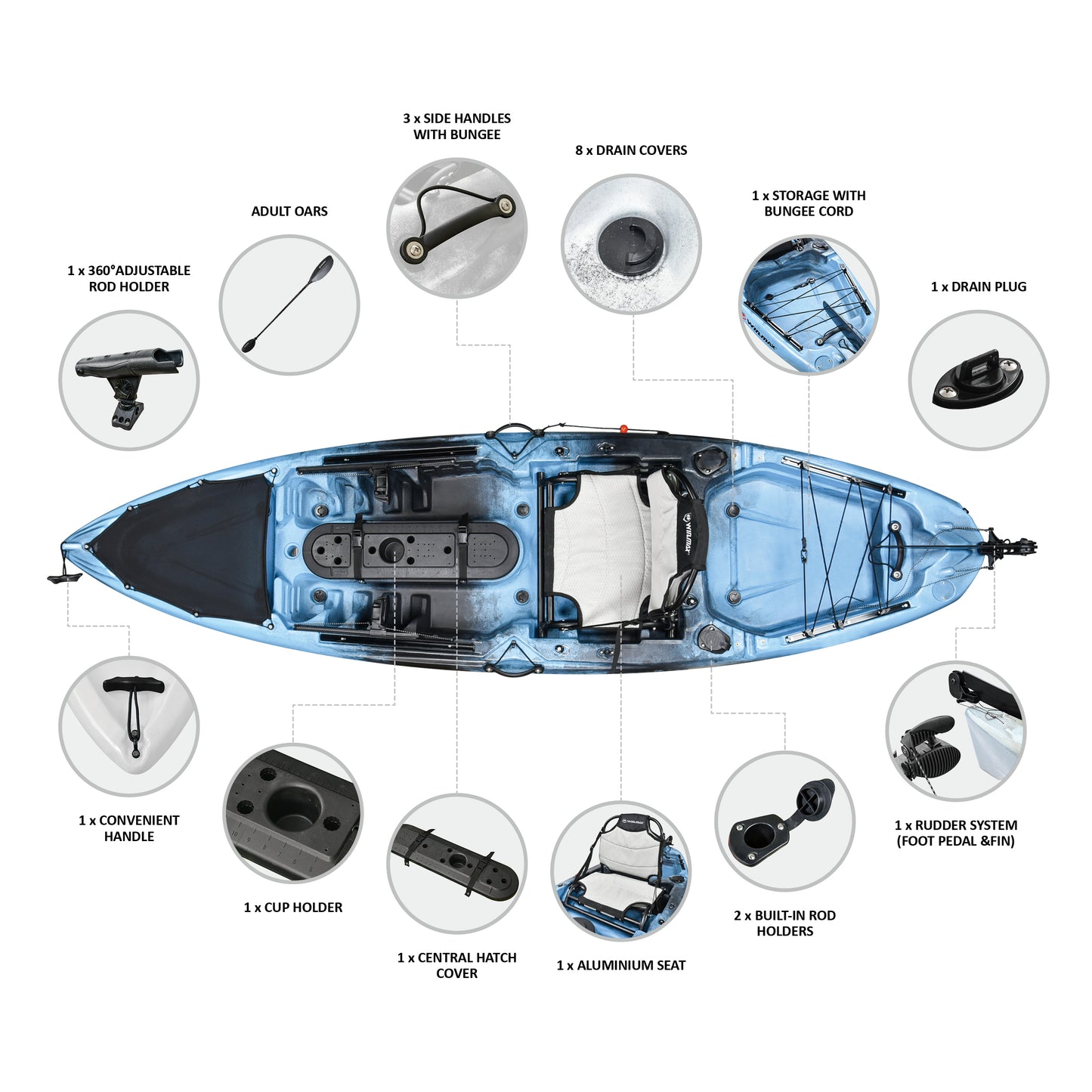 WIN.MAX "9' Modular Kayak" - Portable blue-gray kayak for fishing and leisure, including paddles and seat