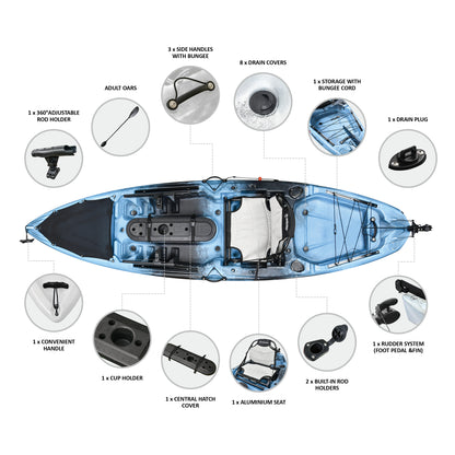 WIN.MAX "9' Modular Kayak" - Portable blue-gray kayak for fishing and leisure, including paddles and seat