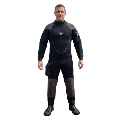 Drysuit: 5mm Neoprene, Waterproof, Back-Zip Entry, Customizable Front Emblem, Reinforced Knee Guards, Utility Pockets