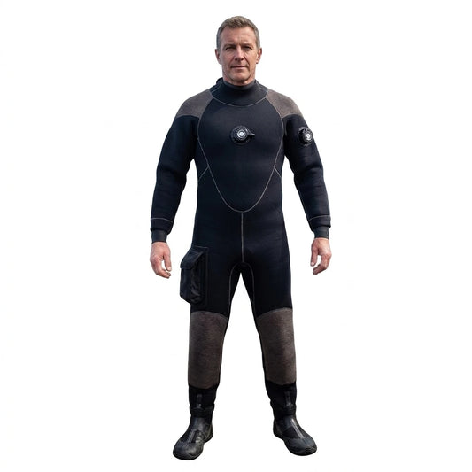 Drysuit: 5mm Neoprene, Waterproof, Back-Zip Entry, Customizable Front Emblem, Reinforced Knee Guards, Utility Pockets