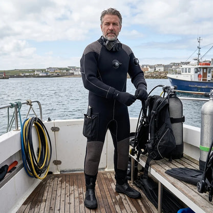 Drysuit: 5mm Neoprene, Waterproof, Back-Zip Entry, Customizable Front Emblem, Reinforced Knee Guards, Utility Pockets
