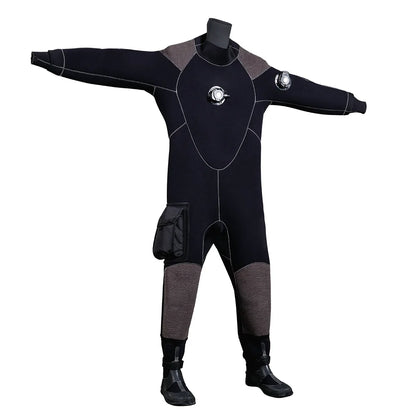 Drysuit: 5mm Neoprene, Waterproof, Back-Zip Entry, Customizable Front Emblem, Reinforced Knee Guards, Utility Pockets