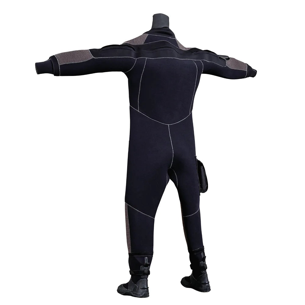 Drysuit: 5mm Neoprene, Waterproof, Back-Zip Entry, Customizable Front Emblem, Reinforced Knee Guards, Utility Pockets