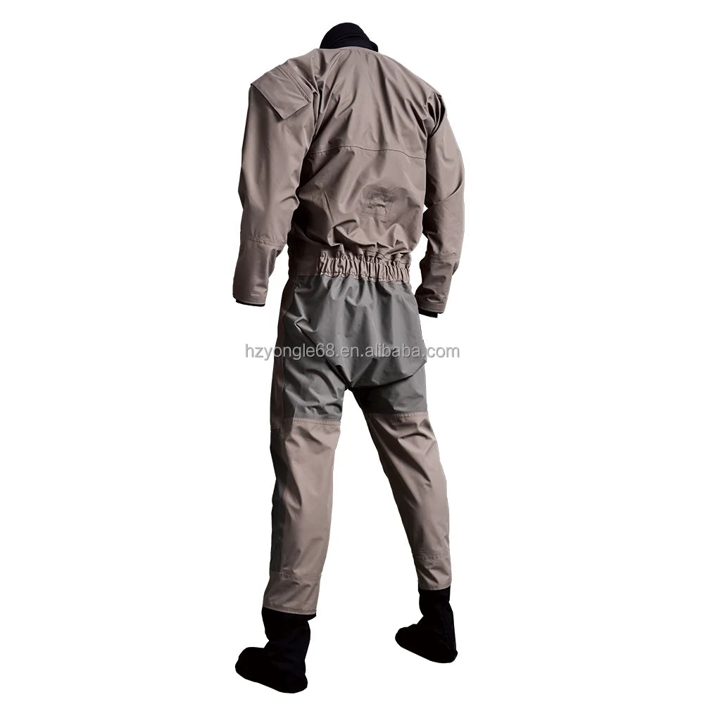 Ergonomic Trilaminate Lightweight Drysuit Front Diagonal Plastic Waterproof Zipper Waist Strap Suspenders Seamless