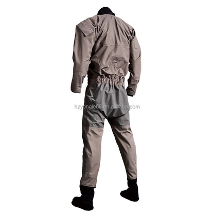 Ergonomic Trilaminate Lightweight Drysuit Front Diagonal Plastic Waterproof Zipper Waist Strap Suspenders Seamless