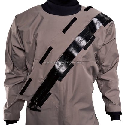Ergonomic Trilaminate Lightweight Drysuit Front Diagonal Plastic Waterproof Zipper Waist Strap Suspenders Seamless