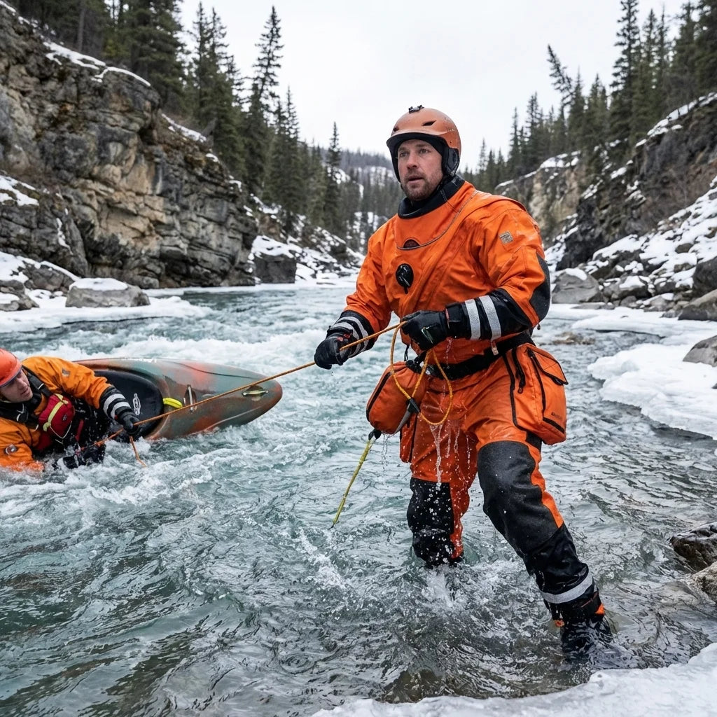 CE Certified Rescue Drysuit Front Lightweight Waterproof Kevlar-Knee Reinforced SI-TECH Seals Chest Zip Nylon Oxford