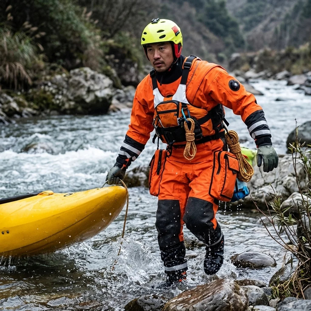 Customization Rescue Drysuit Lightweight Waterproof Trilaminate Kevlar-Knee Reinforced SI-TECH Seals Front Logo Full