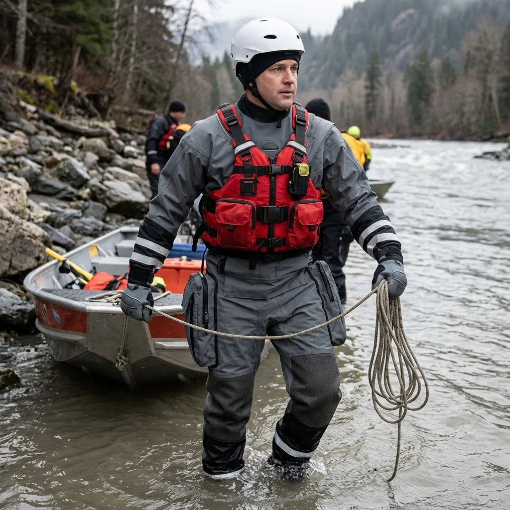 Waterproof Lightweight Rescue Drysuit Ergonomic Fit, Kevlar Knee Armor, SI-TECH Seals, Chest Zip Closure