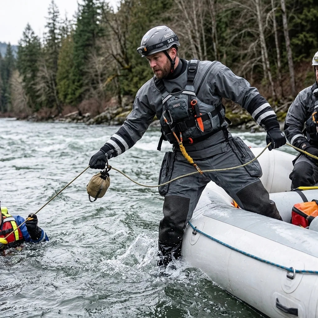 Waterproof Lightweight Rescue Drysuit Ergonomic Fit, Kevlar Knee Armor, SI-TECH Seals, Chest Zip Closure