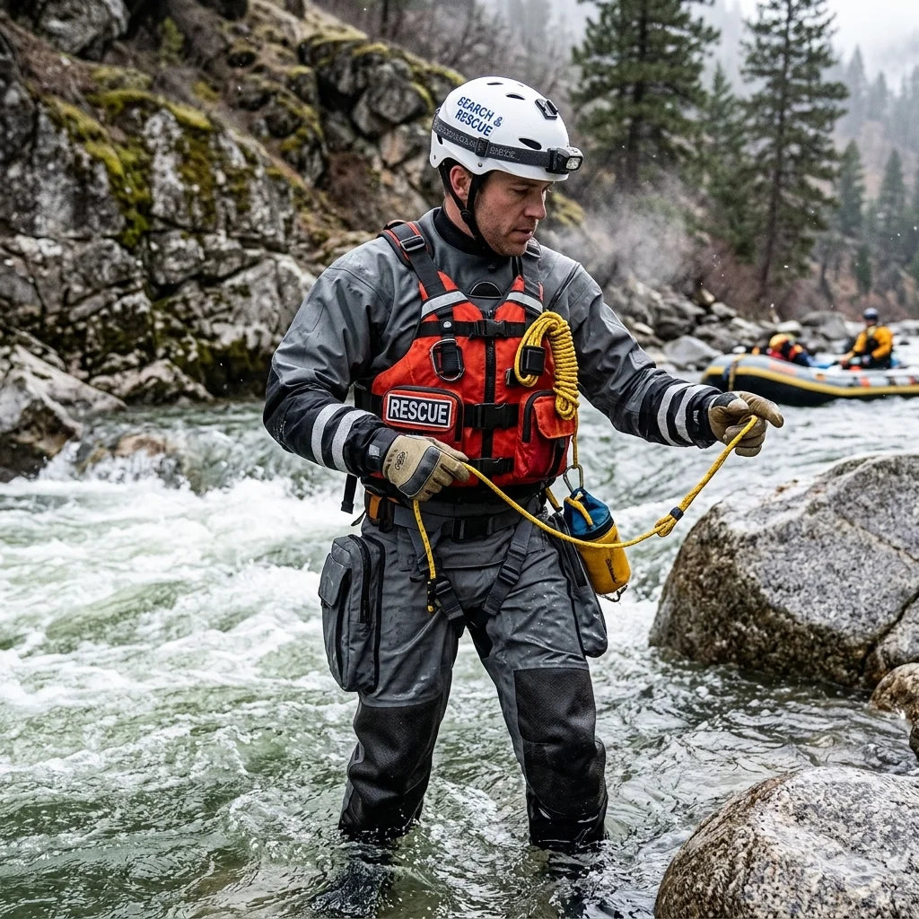 Waterproof Lightweight Rescue Drysuit Ergonomic Fit, Kevlar Knee Armor, SI-TECH Seals, Chest Zip Closure