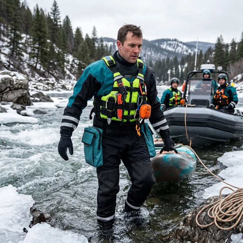 Waterproof Rescue Drysuit for Professional Use Available Kevlar-Reinforced Knees Front Chest Zip SI-TECH Seals