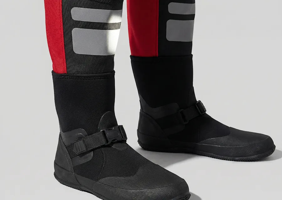 Close-up of drysuit boots with reflective lower-leg panels