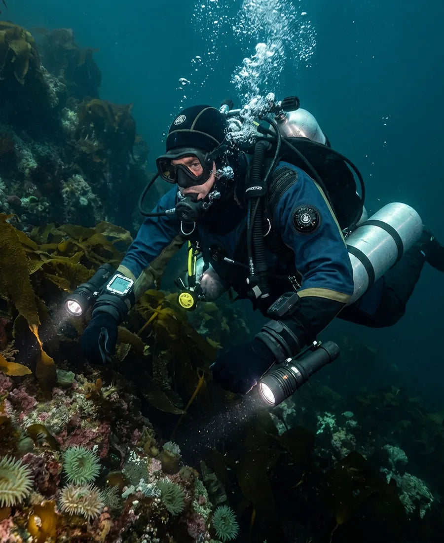 Diver exploring underwater terrain with a torch