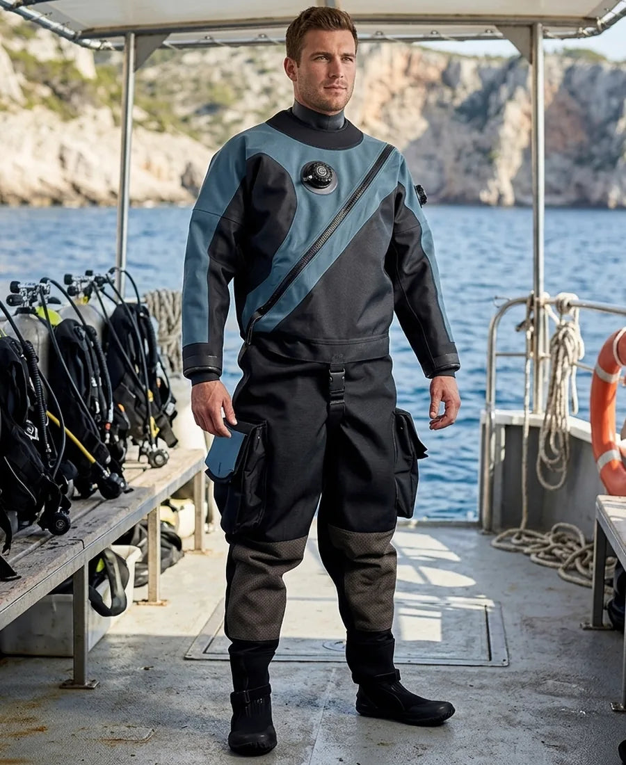 Diver in a gray drysuit standing on a dive boat