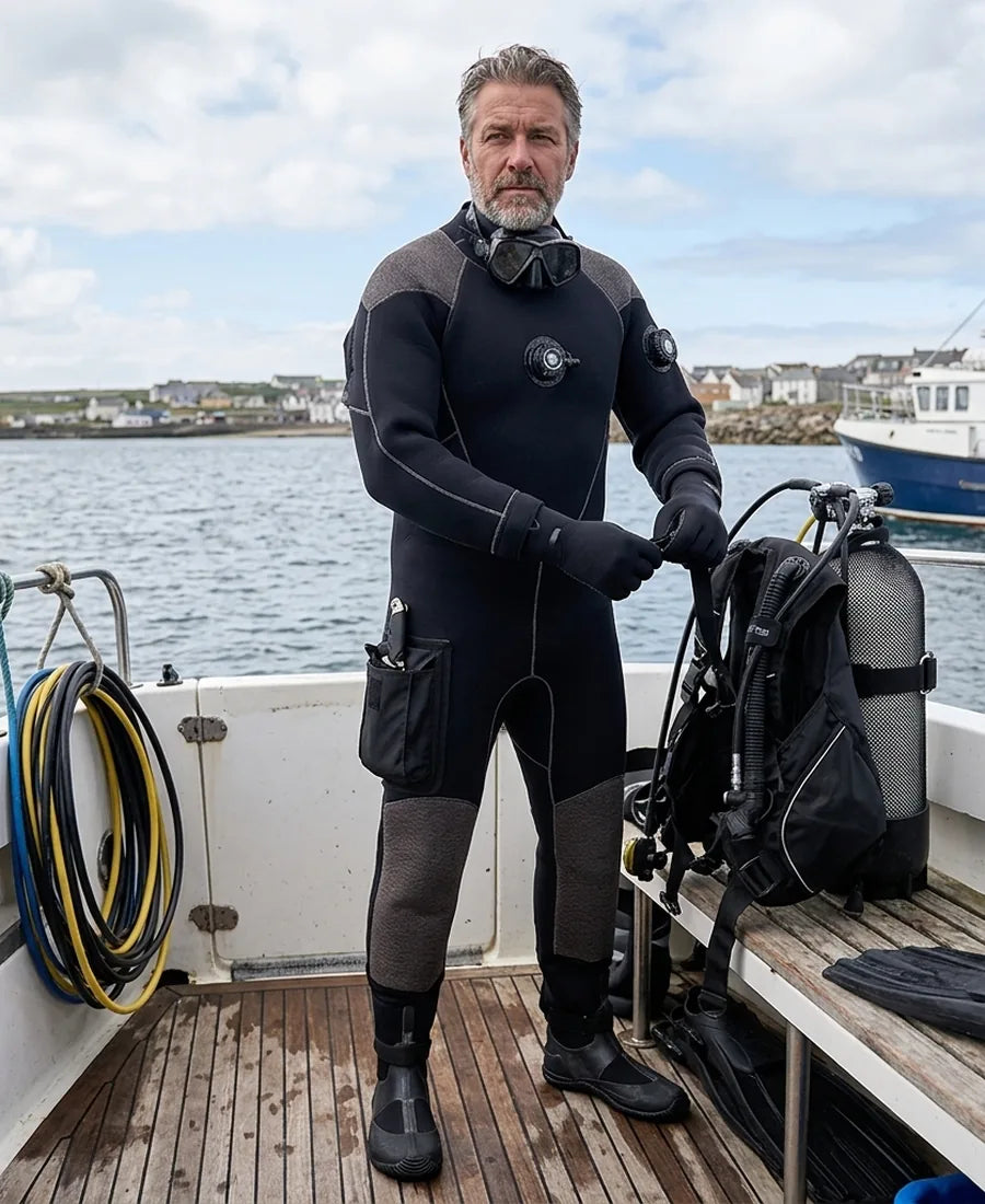 Diver preparing gear on a boat deck