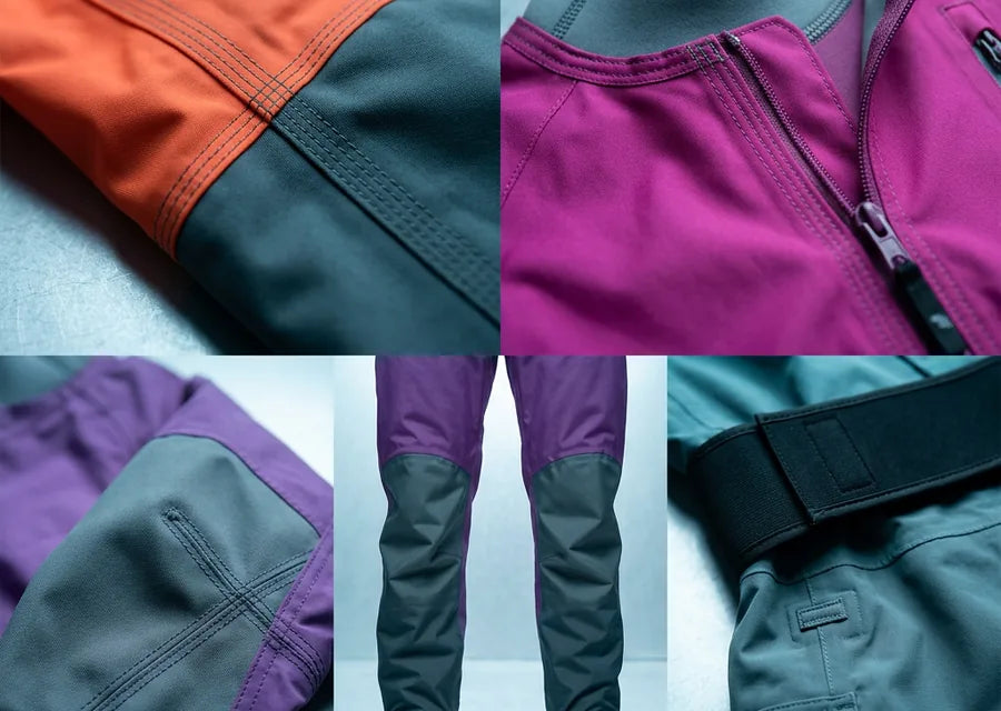 Close-up collage of drysuit fabric panels and seals