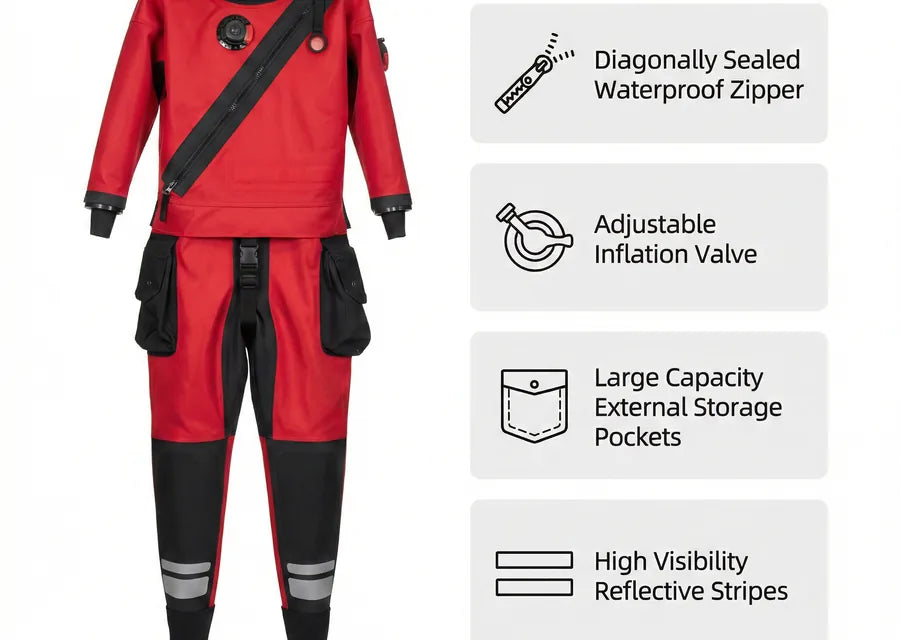 Product feature callouts showing zipper, valve, pocket, and reflective strip details