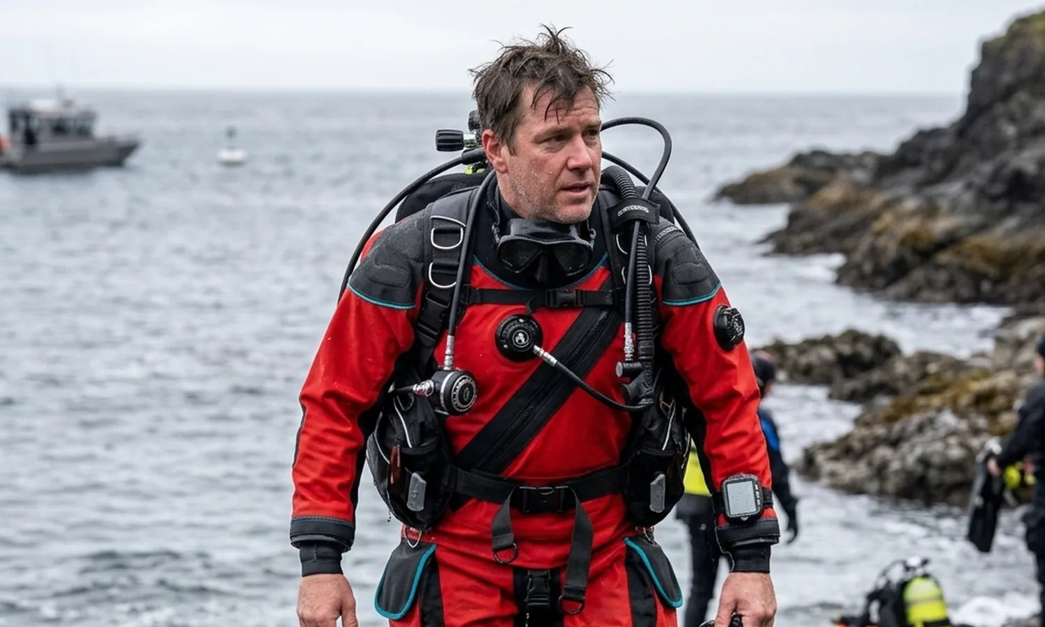 Professional cold-water diver wearing a red drysuit on a rocky shoreline