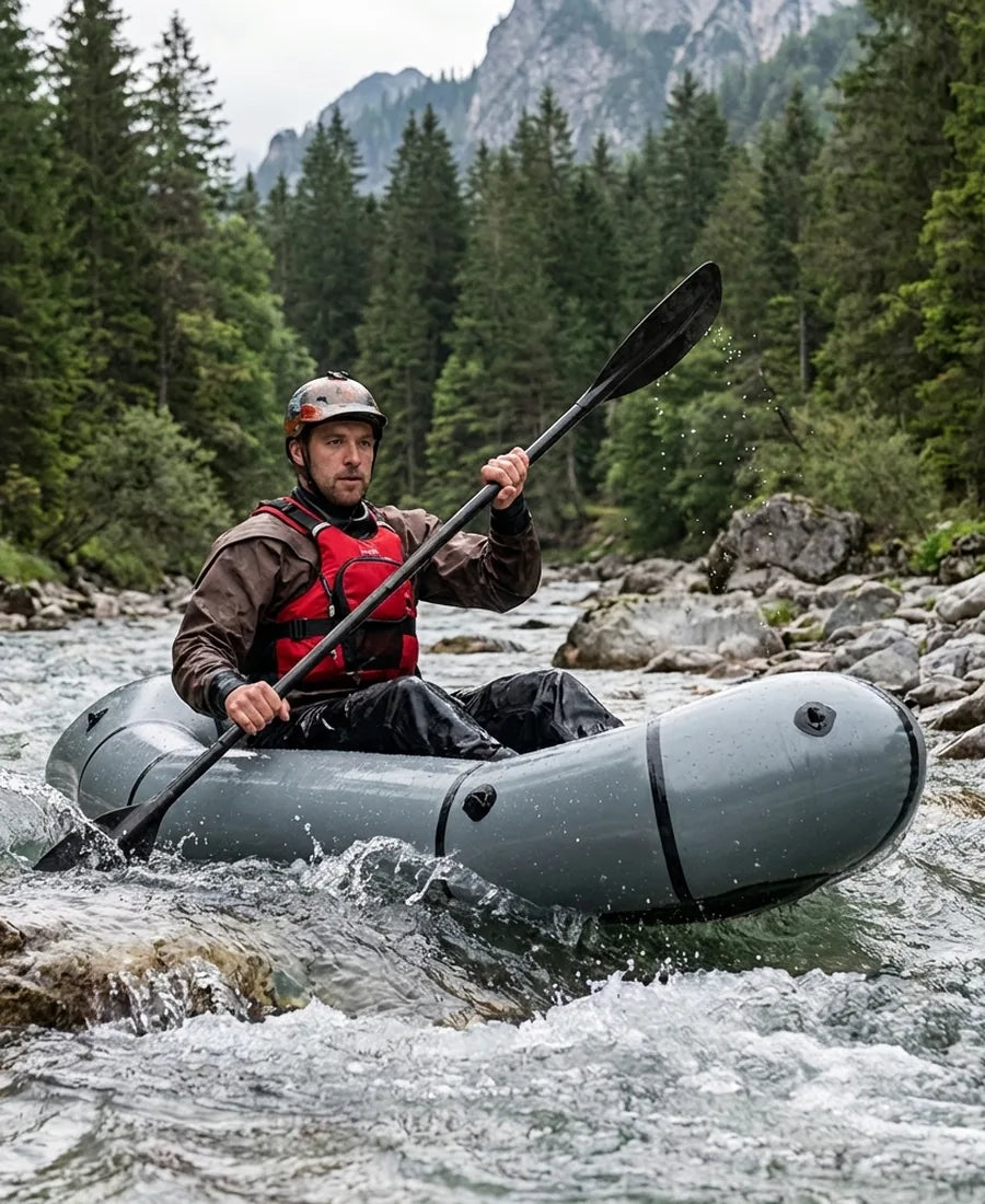 Operator paddling an inflatable raft in whitewater