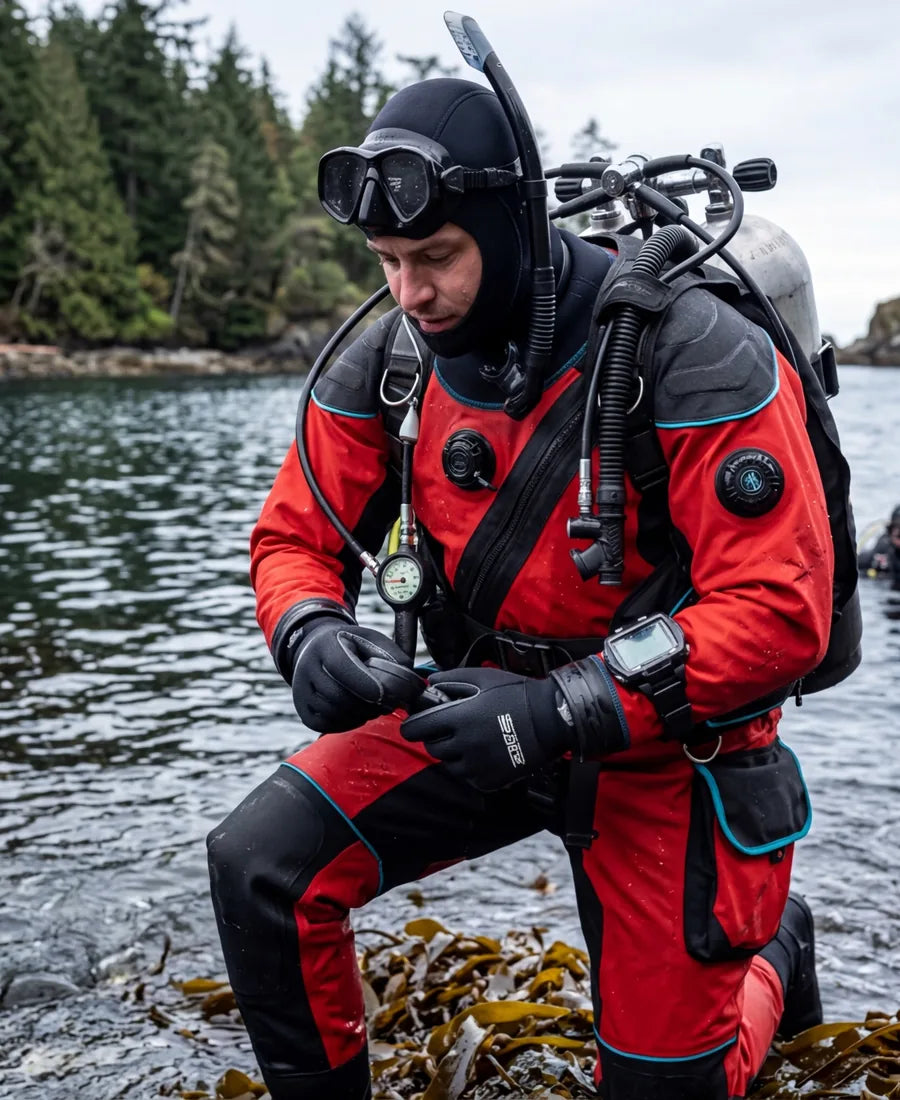 Rescue diver in a red drysuit sitting near cold water