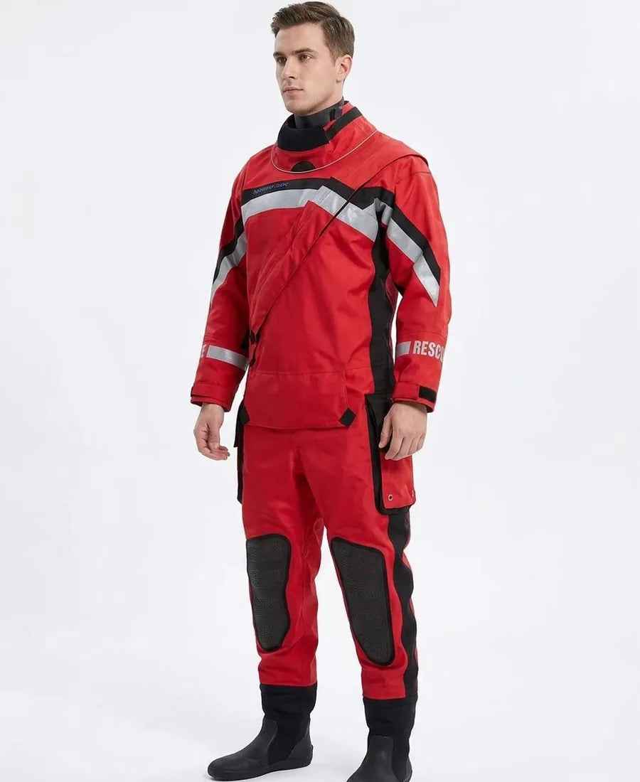 Professional diver wearing a red drysuit in cold-water conditions