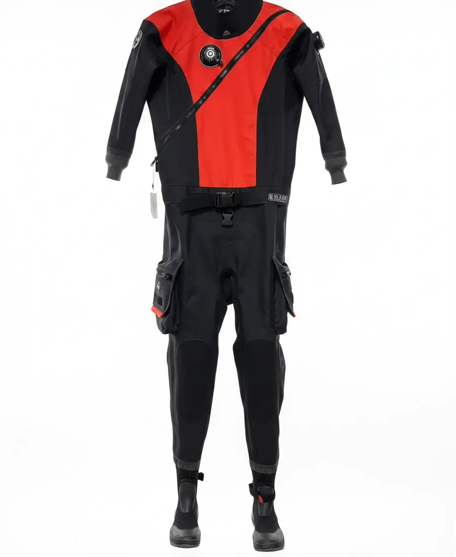 Red and black rescue drysuit product front view