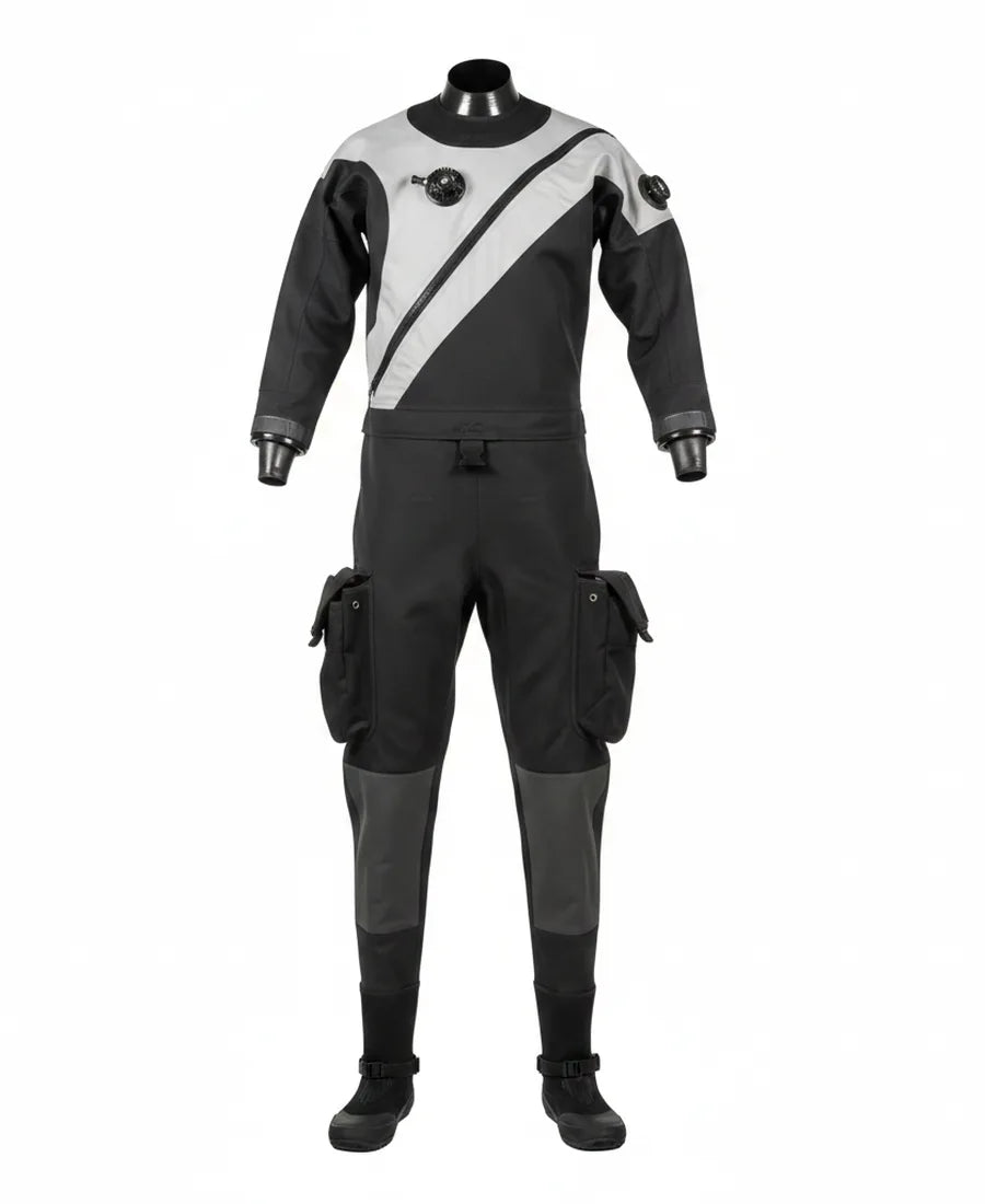 Silver and black drysuit product front view