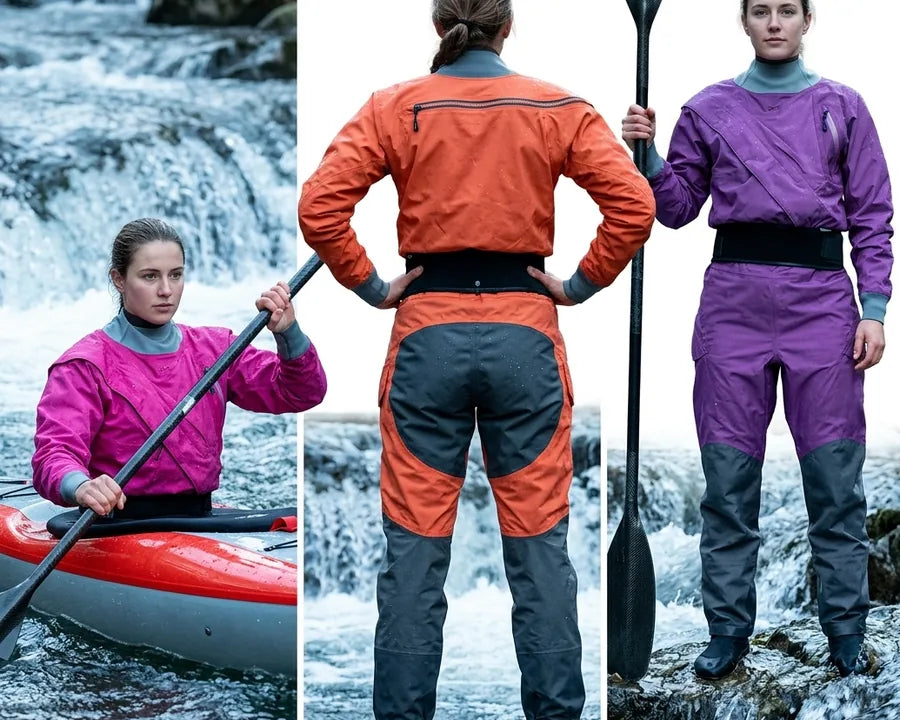 Surface water drysuit system shown from front, back, and detail views