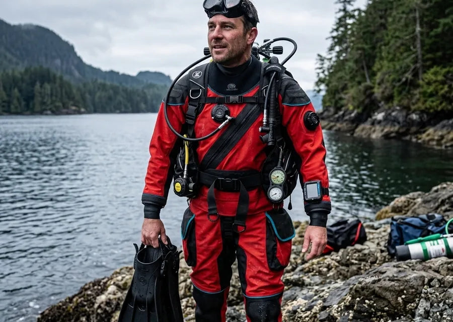 Rescue diver in a red drysuit standing near cold water
