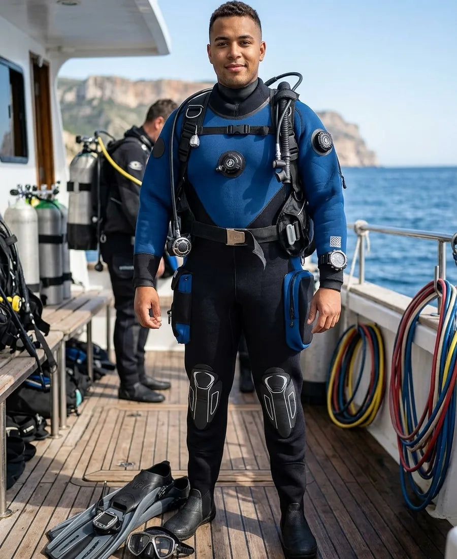Diver in a blue drysuit preparing equipment on a dive boat