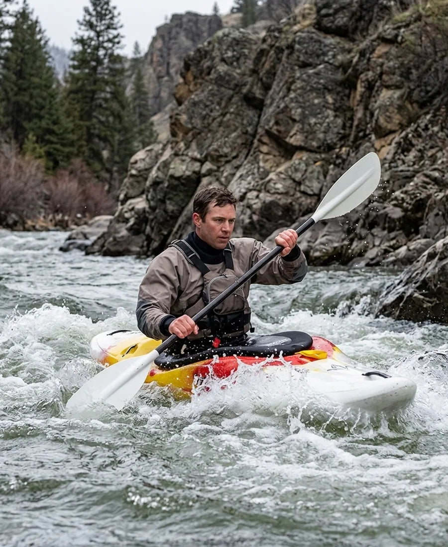 Operator kayaking through whitewater